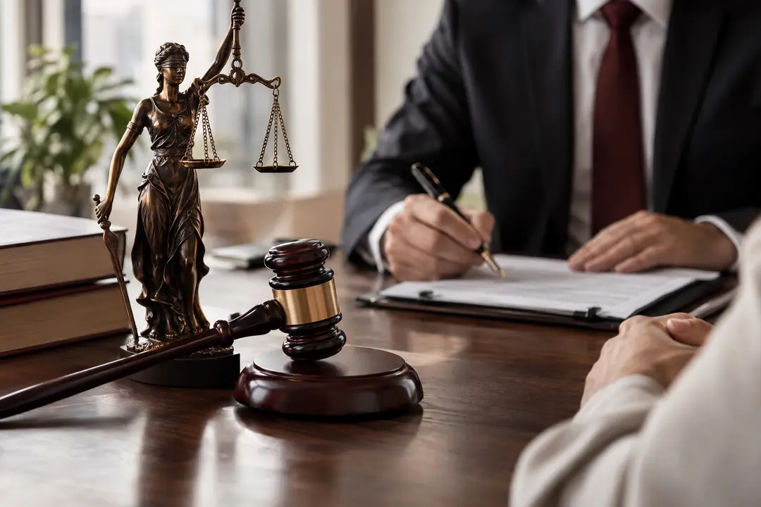Composição simbólica com martelo e balança da justiça representando proteção de direitos